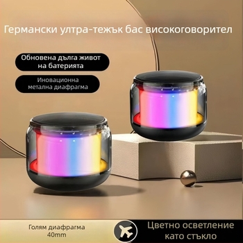 Bluetooth колонка със стъклен дизайн, мулти вход (Bluetooth/AUX/SD карта), 40 Hz–20 kHz, SNR ≥100 dB, IPX4, вградена батерия 1200–2000 mAh
