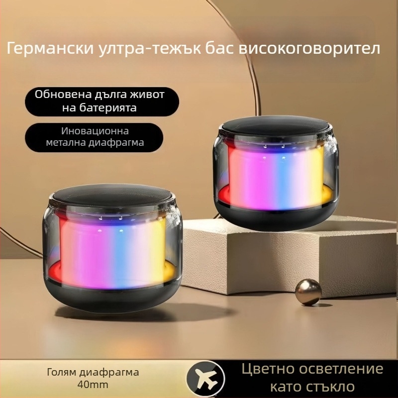 Bluetooth колонка със стъклен дизайн, мулти вход (Bluetooth/AUX/SD карта), 40 Hz–20 kHz, SNR ≥100 dB, IPX4, вградена батерия 1200–2000 mAh