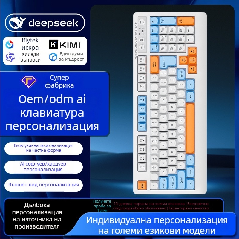 AI интелигентна клавиатура с три режима: USB-C проводна, 2.4G безжична, Bluetooth – 104 клавиши, ергономична, персонализиране (OEM/ODM)