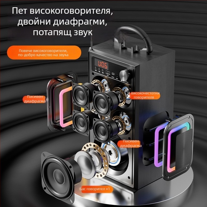 Безжичен Bluetooth говорител за домашна и външна употреба, 80W, 5-драйверна система, вградена батерия 2000–4000mAh, Bluetooth 5.3, IPX3 водоустойчив