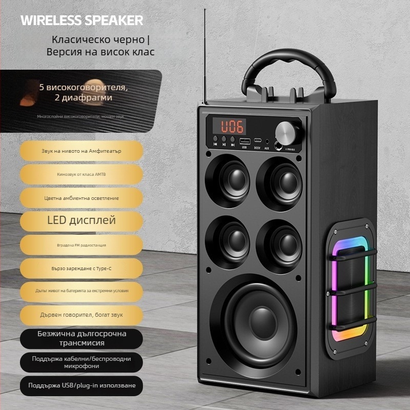 Безжичен Bluetooth говорител за домашна и външна употреба, 80W, 5-драйверна система, вградена батерия 2000–4000mAh, Bluetooth 5.3, IPX3 водоустойчив
