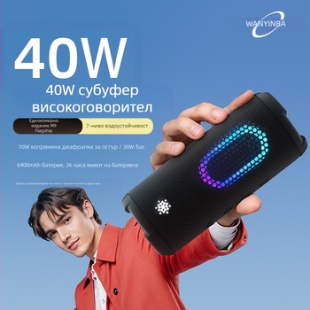 Bluetooth говорител Wanyinba M9 – IPX7 водоустойчив, 40W номинална мощност, вградена батерия 6000mAh, Bluetooth 5.3, 4 говорителя