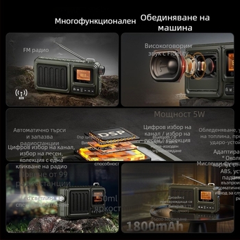 Мултифункционален Bluetooth говорител с карта, субуфер, радио и фенерче, дисплей за текстове; 5W, USB захранване, 5V, сменяема батерия 1200–2000 mAh, 1 говорител, честотен диапазон 100 Hz–20 kHz, SNR ≥70 dB, обхват до 10 m, ABS корпус