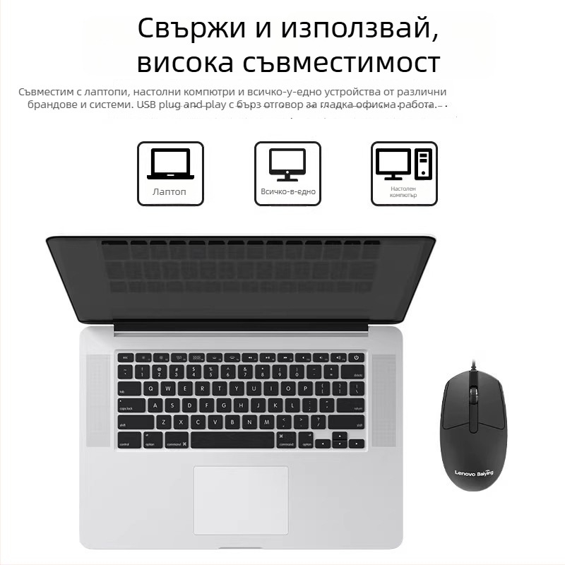 Проводна мишка – 3 бутона, 1000 DPI, USB интерфейс, четиристепенно колело за превъртане, съвместима с лаптоп