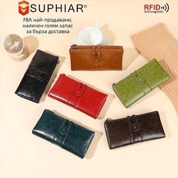 Дълъг портфейл от PU кожа с RFID защита, флорална шарка, женски ретро стил клатч, подплата от полиестер, лято 2025