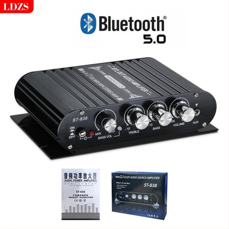 2.1-канален автомобилен аудио усилвател модул с Bluetooth ST-838 – 12V, 80Wx2+80W, 4–16 Ω, алуминиева сплав