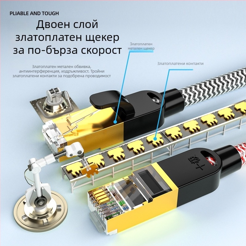 Cat6 усукан Ethernet кабел, 8-жилен, RJ-45 конектор, вътрешна употреба, гигабитова скорост, Ten Pole SJ-B6001, медно-алуминиево ядро, 6,1 мм проводник