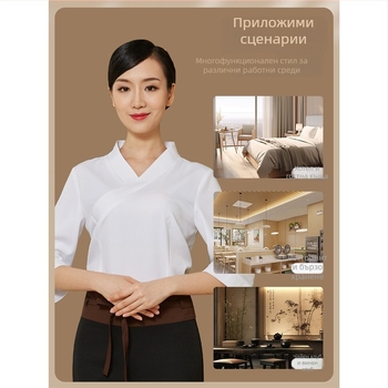 Униформа за женски техници по масаж на краката за СПА център – бързосъхнеща полиестер/еластан, горна част с 3/4 ръкави и полуотворена яка, панталони капри