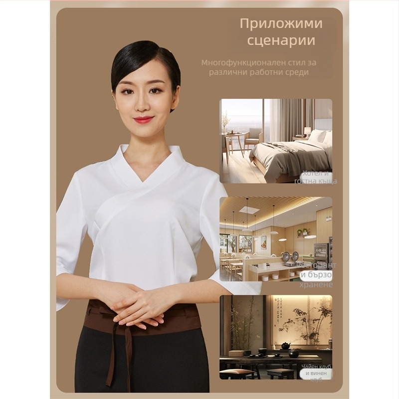 Униформа за женски техници по масаж на краката за СПА център – бързосъхнеща полиестер/еластан, горна част с 3/4 ръкави и полуотворена яка, панталони капри