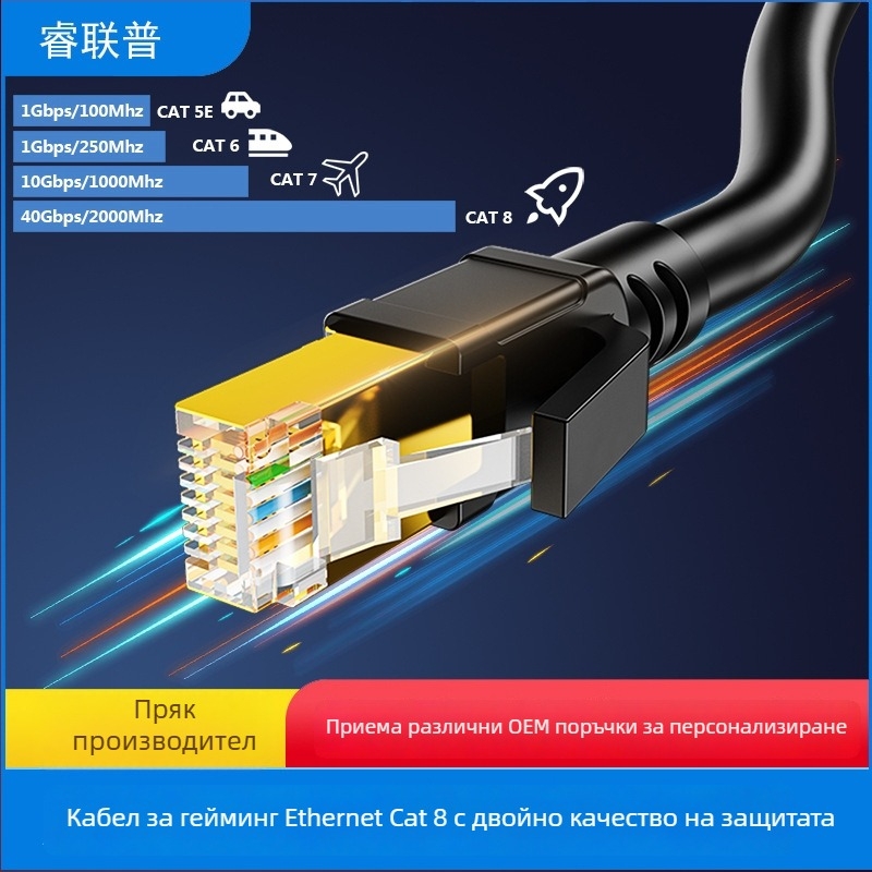 CAT8 мрежов кабел, чист мед, 40 Gbps, RJ-45 конектор (диаметър на проводника 6.0±0.2 мм)