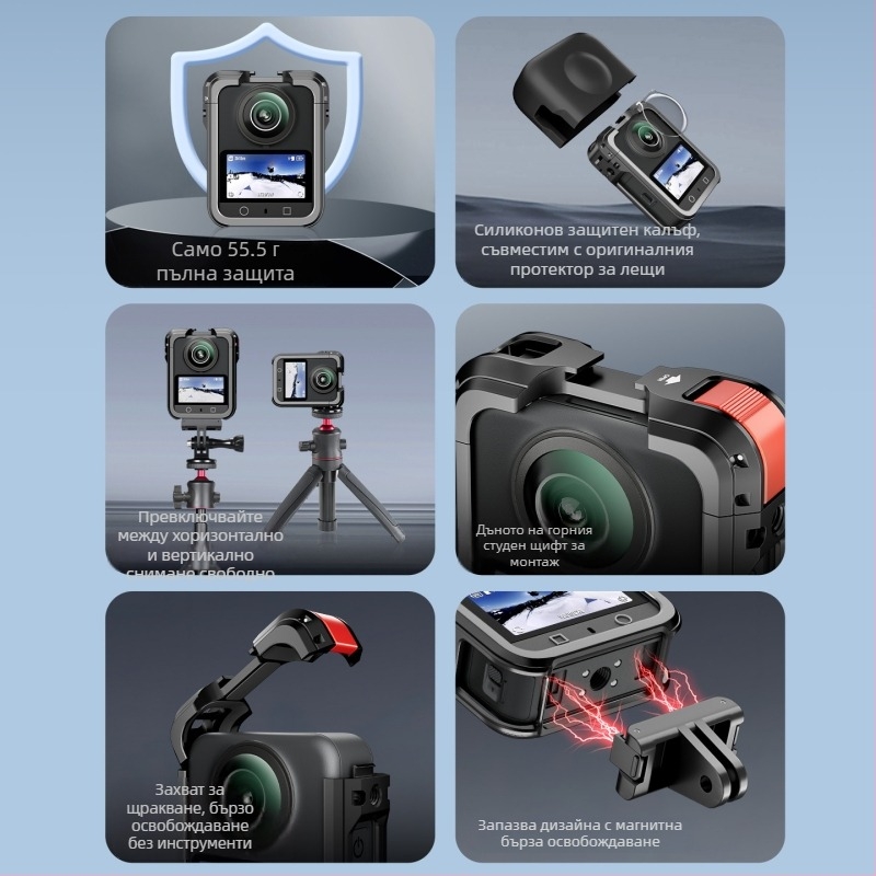 DJI Osmo 360 Панорамна камера — метална защитна клетка и рамка с капак за обектив