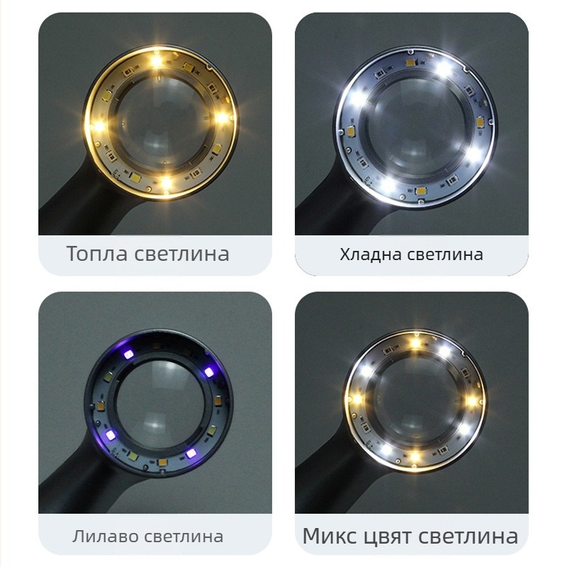 Ръчна лупа 30× увеличение, презареждащо LED осветление с 4 цвята, за антични бижута, калиграфия и живопис, колекции тютюн и вино