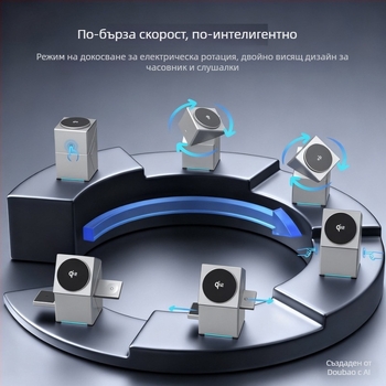 Безжично Qi2 зарядно 3-в-1 въртящо се, MagSafe магнитно зареждане, 15W бързо зареждане, USB-C порт