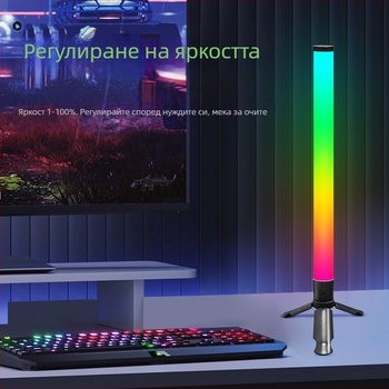 RGB звукоактивна настолна лампа с USB-C захранване, музикален режим и ритмично осветление; подходяща за бюро или подова стойка.