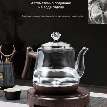 Електрическа чайна система със стъклен чайник и керамична база, 1000–1500W, вместимост 1–2 л, база с въртене 360°, защита срещу сухо изгаряне