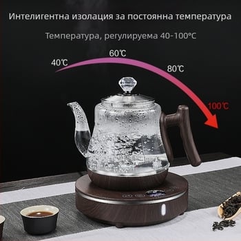 Електрическа чайна система със стъклен чайник и керамична база, 1000–1500W, вместимост 1–2 л, база с въртене 360°, защита срещу сухо изгаряне