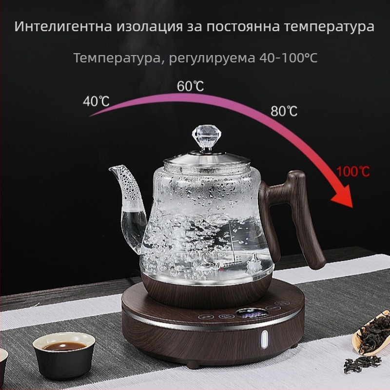 Електрическа чайна система със стъклен чайник и керамична база, 1000–1500W, вместимост 1–2 л, база с въртене 360°, защита срещу сухо изгаряне