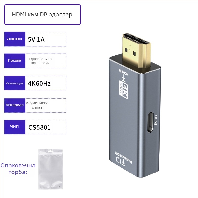 HDMI към DP адаптер, 4K60Hz конвертор за свързване на компютри с монитори и проектори