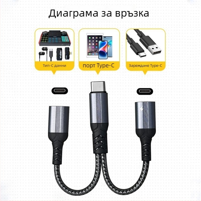 Huiyue Type-C 1 към 2 адаптерен кабел, медно ядро, 2 изхода за слушалки и зареждане