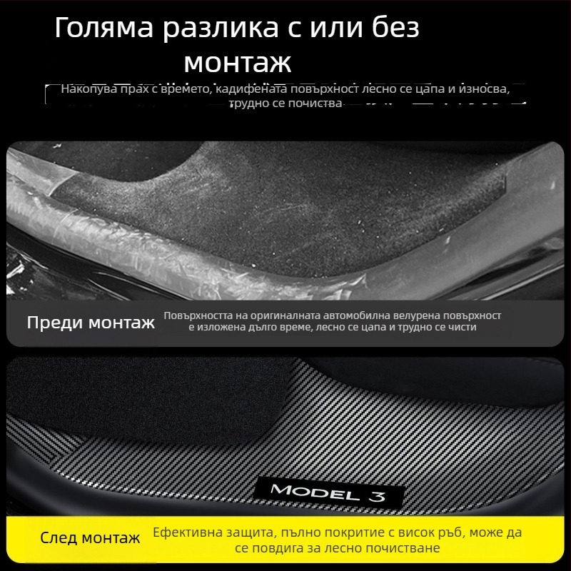 Tesla Model Y предни и задни прагови лайсни за врати с лазерно гравирана карбонова шарка и плоча за защита на педала