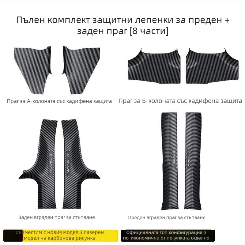 Tesla Model Y предни и задни прагови лайсни за врати с лазерно гравирана карбонова шарка и плоча за защита на педала