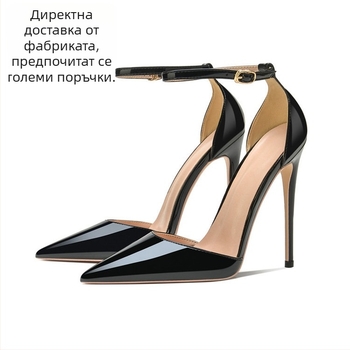 Сандали с каишки, остър нос, 12 см висок ток, тънък ток, горна част микрофибър