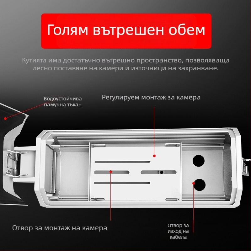 Защитен корпус за външна охранителна камера, тип gun; пластмасов корпус; за кабел до 2 cm; работна температура от -30°C до 60°C; монтаж със винтове; прозорец 60×60 мм.