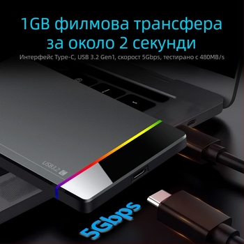 Shuole U25n-l 2.5-инчов Type-C безинструментален външен HDD корпус с RGB индикатор, USB 3.2 Gen 1 (5 Gbps), PC+ABS, поддържа до 6TB