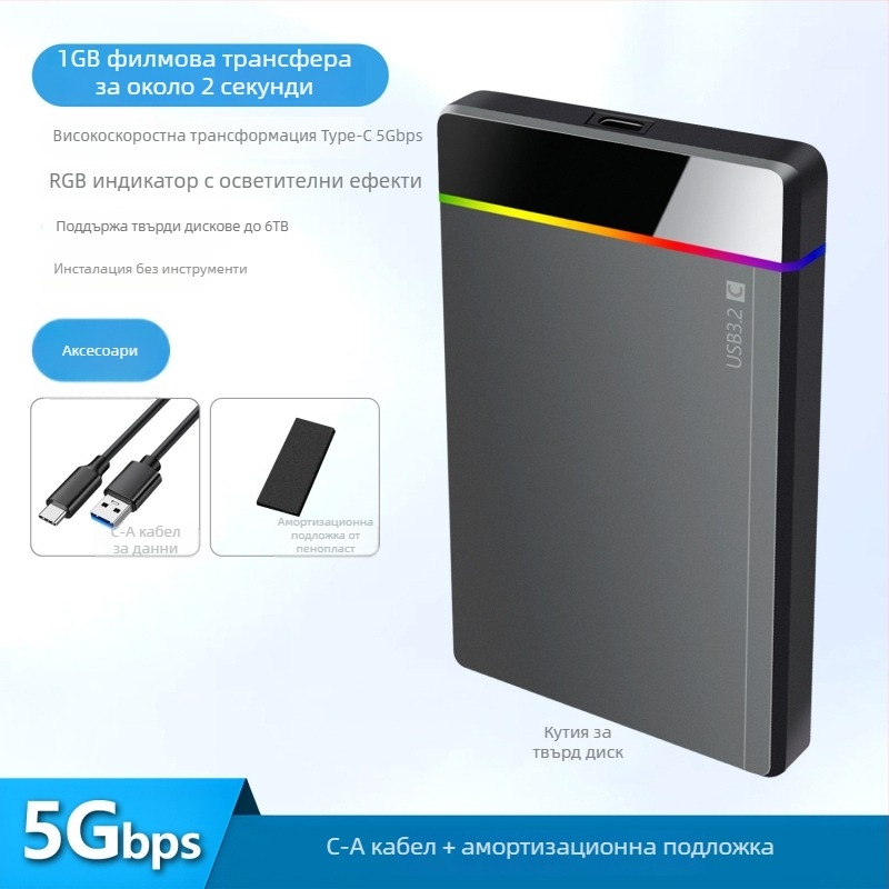 Shuole U25n-l 2.5-инчов Type-C безинструментален външен HDD корпус с RGB индикатор, USB 3.2 Gen 1 (5 Gbps), PC+ABS, поддържа до 6TB