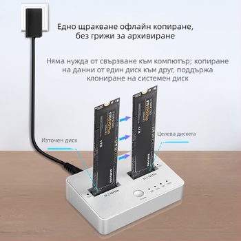 M.2 двуслотов външен корпус за SATA/NVMe SSD, USB 3.1 Gen2, 10 Gbps, клониране, алуминиев сплав + ABS, до 4 TB