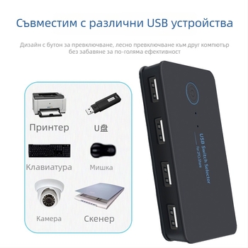 Walbuss USB-204 USB 2.0 превключвател и хъб, 2 входа, 4 изхода, кабел 1 m, без външно захранване, 480 Mbps
