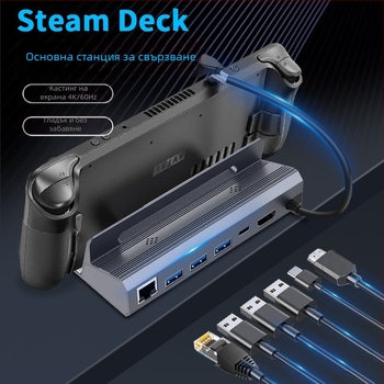 Steam Deck докинг станция 6-в-1 USB-C HDMI 4K60Hz, USB 5Gbps, външно захранване