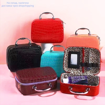 Козметичен несесер със огледало, каменна шарка, квадратен организатор за грим, PU кожа, найлонова подплата, ръчна изработка