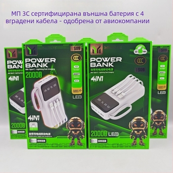 Външна пауър банка с дигитален дисплей, 20000 mAh, вграден кабел, 12W зареждане, мулти USB портове