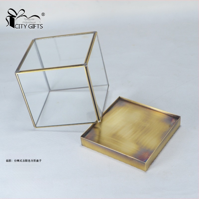 Urban Accessories Home Квадратна стъклена кутия с капак за мини пейзаж, ръчна изработка, мед и стъкло