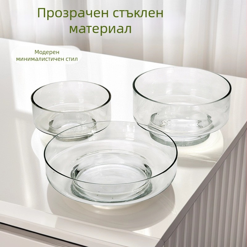 Свещник от прозрачно стъкло с основа от дърво и керамика, хидропонна мини градина със сукуленти, ръчна изработка, модерен минималистичен стил