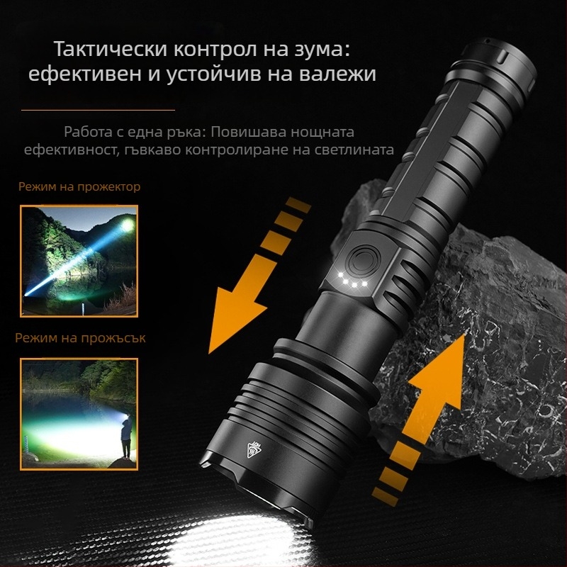 Ръчен презареждащ фенер с увеличение - 30W LED, 1500lm, обхват до 1000m, Type-C зареждане, IPX6, за използване на открито