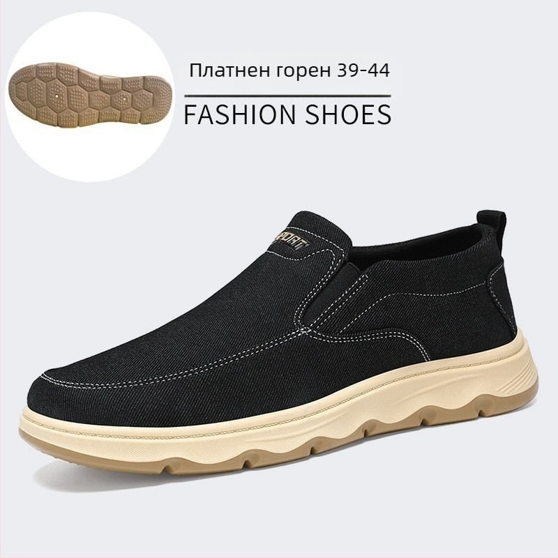 Мъжки обувки без връзки, дишаща платнена горна част, EVA стелка, ниско горнище, кръгъл нос