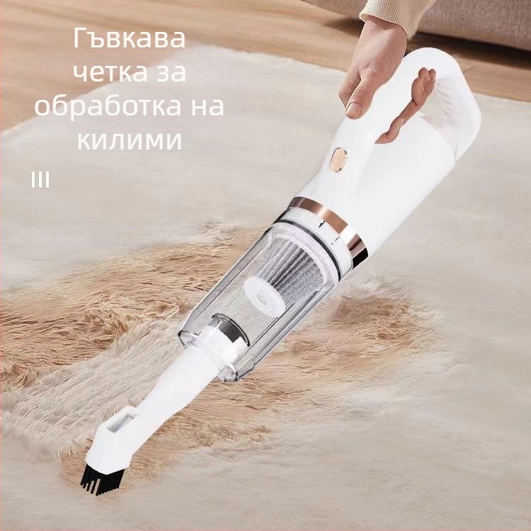 Безжичен ръчен вакуум за дома и колата — компактно, силно почистване; вградена батерия 1600–2000 mAh, всмукване над 5000 Pa, мокро и сухо почистване, килими; дюза две в едно за под; време на работа 3–6 ч; шум под 36 dB.