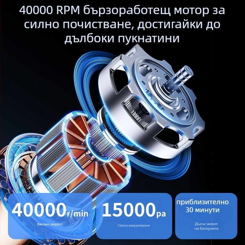 Безжичен автомобилен вакуум с интегриран моп и 2-в-1 приставка за всмукване, преносим домашен почистващ уред, 140W, USB захранване, вградена батерия 1601–2000 mAh, сухо почистване/килими, шум под 36 dB