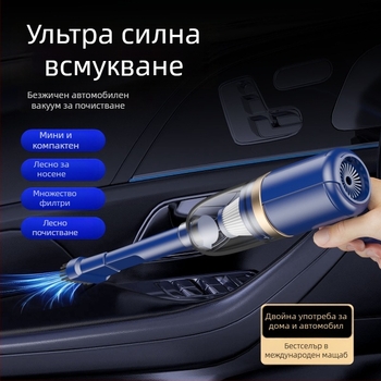 Безжичен ръчен прахосмукач за автомобил – мокро и сухо, вградена батерия 2000–2500mAh, 40–60W, 3100–4000Pa, шум под 36dB