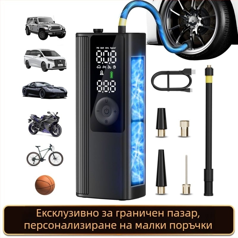 Автомобилна въздушна помпа с едноцилиндров двигател, вградена LED светлина и манометър за гуми, 12V, 80W, 30 л/мин