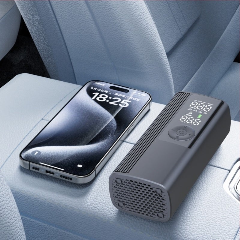 Автомобилна въздушна помпа с едноцилиндров двигател, вградена LED светлина и манометър за гуми, 12V, 80W, 30 л/мин