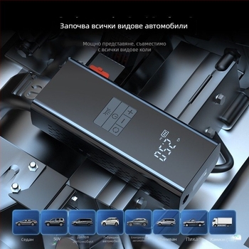 Автомобилен инфларатор за гуми със стартово захранване — всичко в едно, 12V, 80W, 30 л/мин, литиева батерия