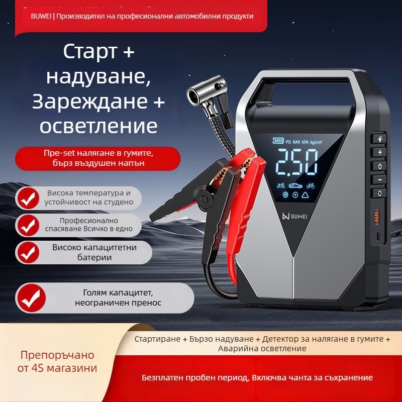 Автомобилна помпа за гуми и стартер за палене, всичко в едно, 12V, 12000mAh, 40 л/мин, 80W, цифров дисплей