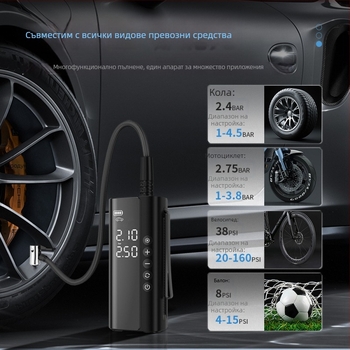 Автомобилна помпа за въздух – безжична, преносима, автоматично изключване, цифров дисплей, USB зареждане; 12V, 100W, 25 л/мин, 5–20 мин непрекъсната работа