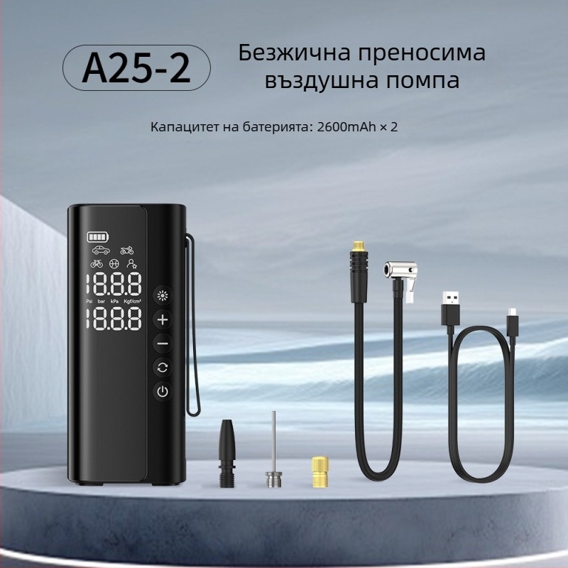 Автомобилна помпа за въздух – безжична, преносима, автоматично изключване, цифров дисплей, USB зареждане; 12V, 100W, 25 л/мин, 5–20 мин непрекъсната работа