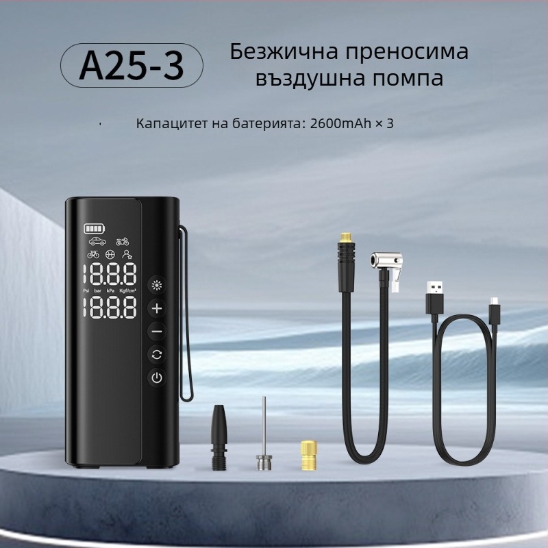 Автомобилна помпа за въздух – безжична, преносима, автоматично изключване, цифров дисплей, USB зареждане; 12V, 100W, 25 л/мин, 5–20 мин непрекъсната работа