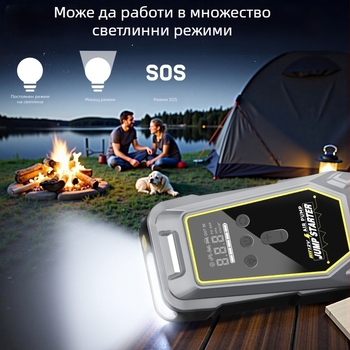 Автомобилно аварийно стартово захранване — всичко в едно с въздушна помпа, 12V вход/изход, CE/FCC/MSDS UN38.3 сертифицирано