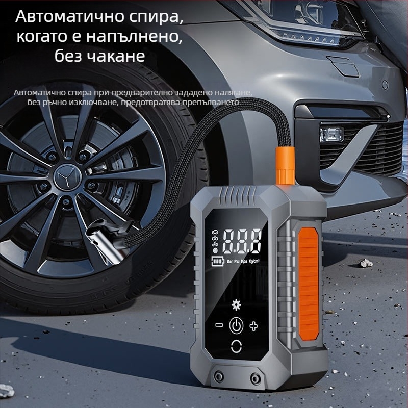 Преносима автомобилна помпа за въздух, електрическа, презареждаща и безжична, цифров манометър за налягането в гумите, 12V, 25 л/мин, време на работа 5–20 мин